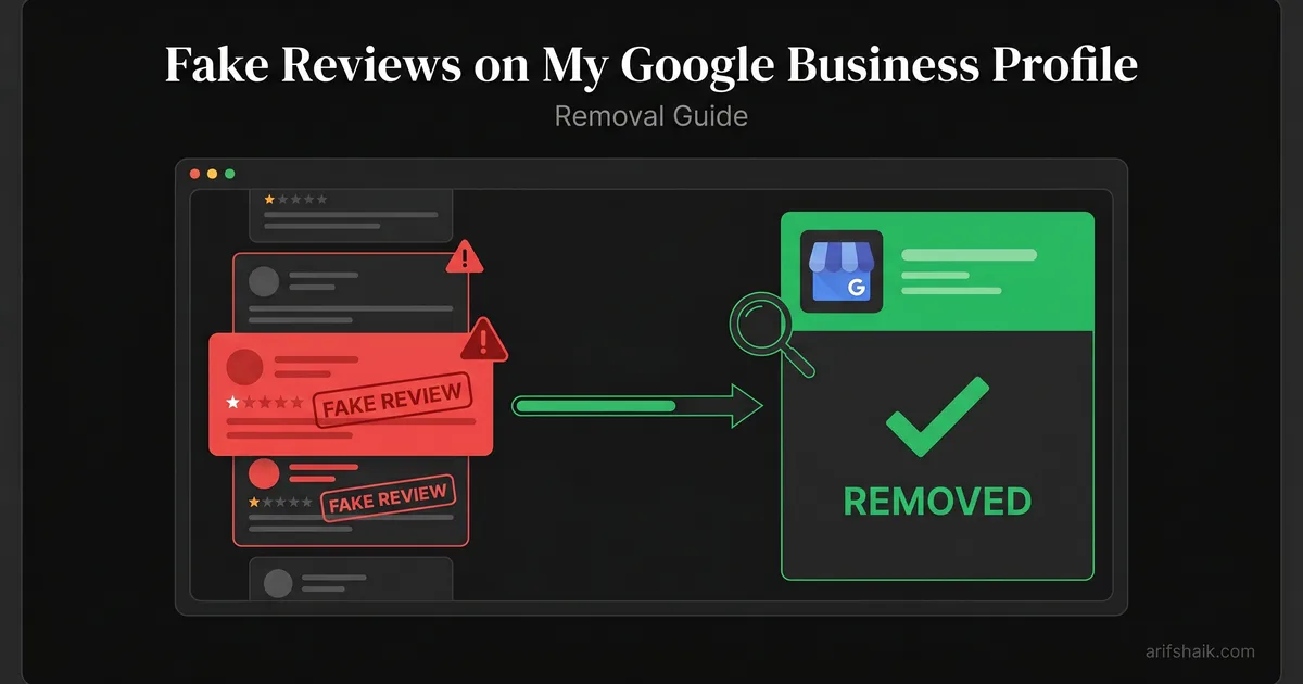 Laptop mockup showing Google Business Profile reviews dashboard with a mix of legitimate and suspicious fake reviews being flagged for removal