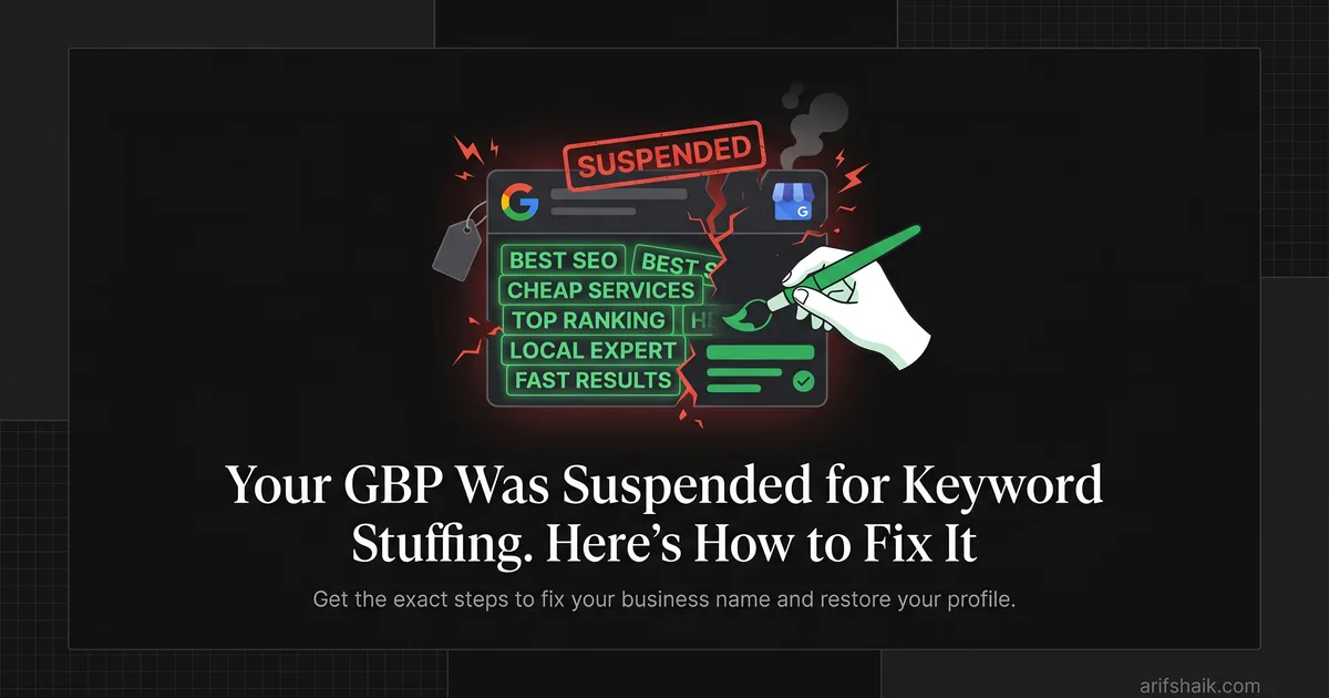 Frustrated business owner looking at laptop with a suspended Google Business Profile dashboard showing a red suspended banner