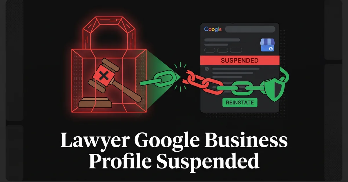 Laptop showing a suspended Google Business Profile dashboard for a law firm with a red suspension warning banner and attorney listing details