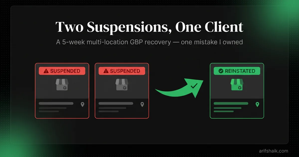 Two Suspensions, One Client — GBP recovery case study post-mortem showing two suspended profiles reinstated across 5 weeks for a Canadian mall-based VR business