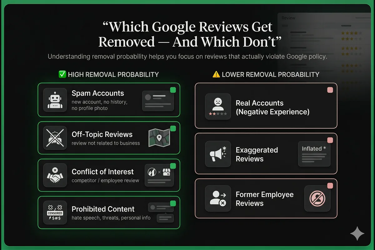 Decision framework comparing which Google reviews get removed — spam, off-topic, conflict of interest, prohibited content on the high-removal side versus real negative, exaggerated, and former employee reviews on the lower-removal side