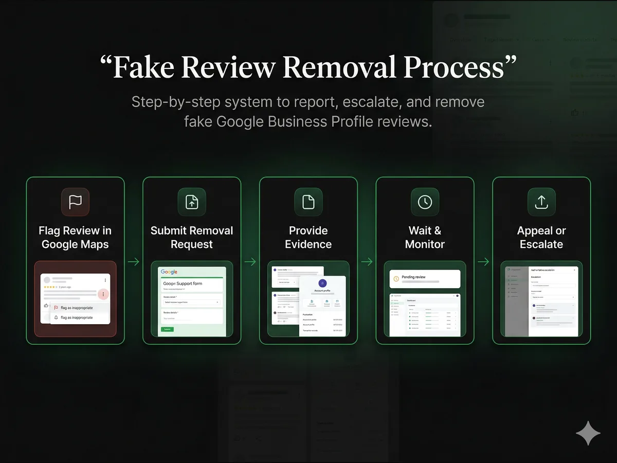 Horizontal five-step workflow infographic showing the Google Business Profile fake review removal process — flag review, submit removal request, provide evidence, wait and monitor, appeal or escalate