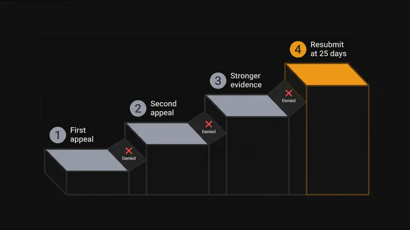 Four-stage appeal staircase where each denial unlocks the next stage, ending at a 25-day resubmission