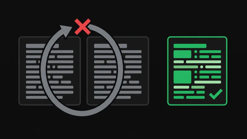 Two identical appeal documents locked in a red rejection loop beside a distinct green document representing new evidence