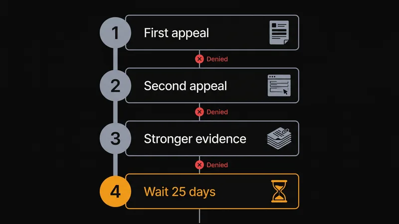 Vertical diagram of the four appeal steps, each reached only after the previous appeal was denied, ending in a 25-day wait