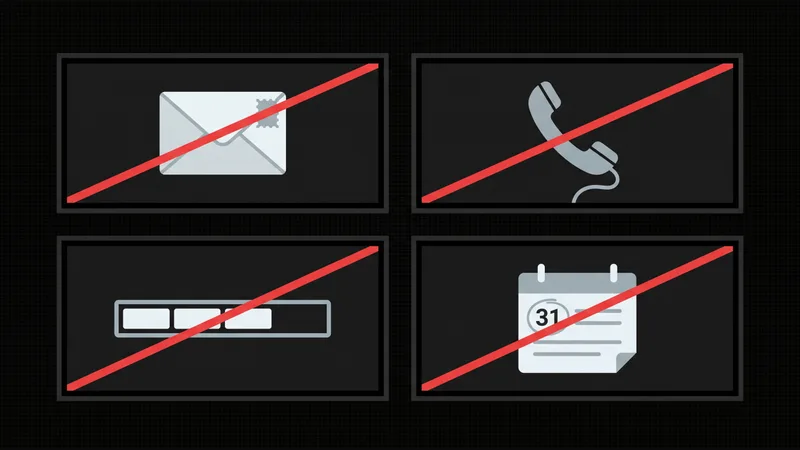Four crossed-out icons showing that Google sends no confirmation email, no call, no status tracker and no timeline after an appeal