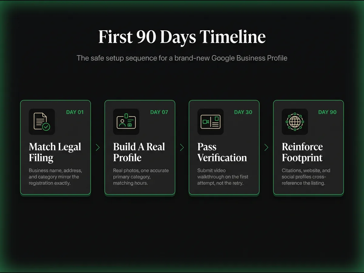 Horizontal four-step timeline showing the first 90 days of a new Google Business Profile — day 1 registration match, day 7 profile build, day 30 first verification, and day 90 digital footprint reinforcement